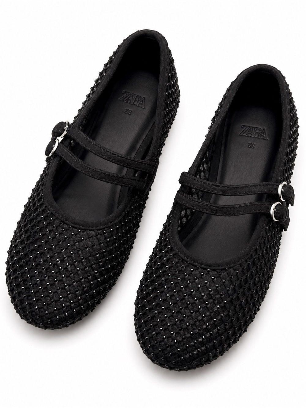 Zara Black Beaded Double-Strap Mary Jane Flats